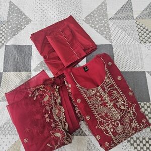 Elegant Red Embroidered Suit Set